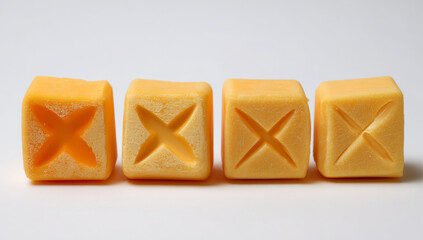 Four Cheese Cubes with X Cutouts on White Background.