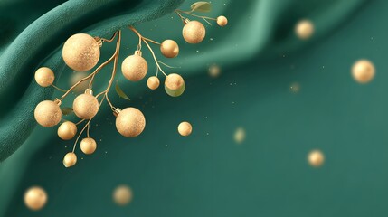 Sparkling golden baubles and leaves on delicate branches with draped teal fabric and glowing bokeh