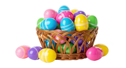 Wicker basket overflowing with colorful plastic Easter eggs on black background plastic eggs