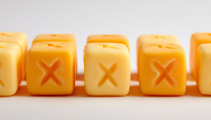 Close-up of cheese cubes with X marks in a row.