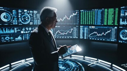 Businessman analyzing financial data on a futuristic digital interface with charts and graphs - Powered by Adobe
