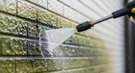 Detail shot of water jets from adjustable wand dislodging mold and mildew from textured exterior wall surface for deep restoration.