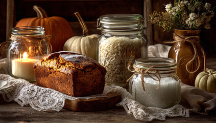 Autumn Still Life with Pumpkin Bread and Jars.
