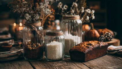 Rustic Autumn Still Life with Jars and Baked Goods.