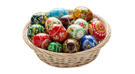 Woven basket filled with colorful intricately painted Easter eggs on black background painted eggs pysanky