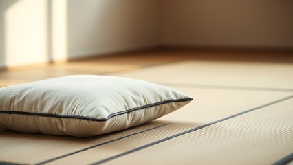 tatami. A meditation cushion on a tatami mat in a serene zen setting with natural lighting. wellbeing guides, coaching materials, designed for coaching and self-improvement content.
