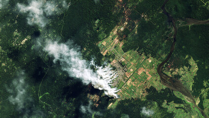 Aerial View of Smoke Plume Rising from Forest Fire, Environmental Disaster.