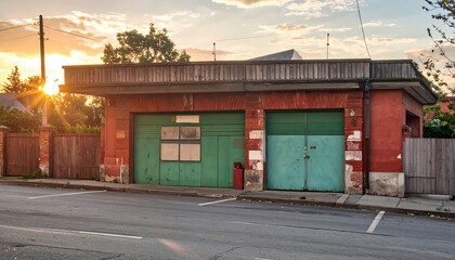 Obraz premium Brick building with two green doors at golden hour. Wood accents and street view under bright sky