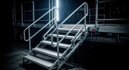 Detailed shot of retractable stairs extending from the stage trailer providing performer access to the elevated platform.