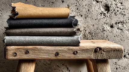 Stack of textured recycled paper rolls in neutral earth tones on rustic wooden bench against rough concrete wall for sustainable material, craft and interior design projects