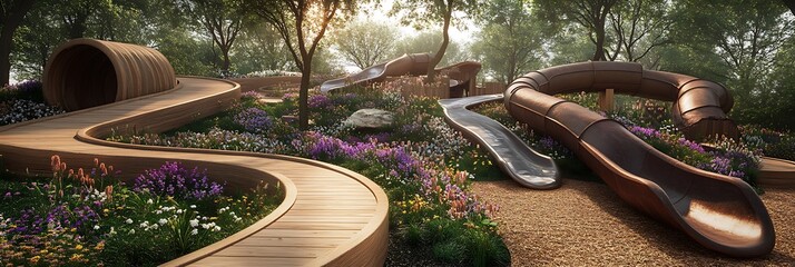 Eco-conscious play space with curved timber slides and wildflower landscaping