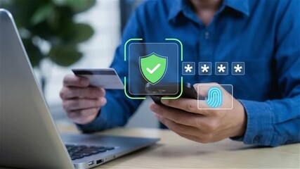 4k, video clip, Secure mobile payment authentication with password protection and digital shield icon on smartphone. Online banking and e-commerce safety technology concept for cybersecurity and finan - Powered by Adobe