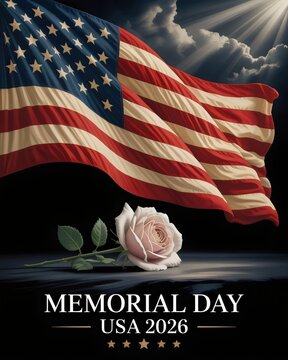 Patriotic American flag with stars and stripes over a blue background for USA Memorial Day 2026  May 25th vector illustration of United States national symbol