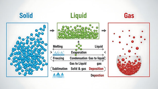 Diagram illustrating the three states of matter: solid, liquid, and gas, with transitions between them.