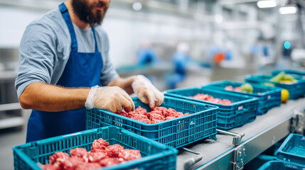 Worker placing finished meat packages into large crates for distribution faceless, industrial background with modern food processing equipment in motion defocused, with copy space