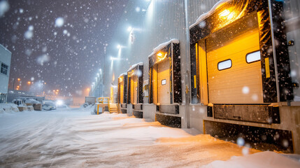 Industrial loading dock bays in heavy snowfall conditions illuminated by warm yellow lights, highlighting challenging winter logistics operations, cold weather shipping difficultie