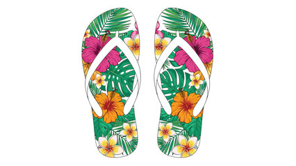 Stylish pair of white flip-flops featuring an exuberant tropical floral and leaf pattern in vibrant colors, perfect for depicting summer vacations, beach fashion, and relaxed holiday vibes.