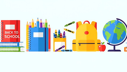 Playful back to school flat design, education items forming a horizontal border