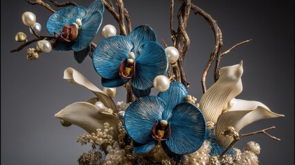 Medium shot presenting a mixed arrangement of artificial floral displays combining silk polymer and foam textures for a dynamic and visually appealing centerpiece.