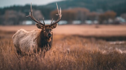 Majestic elk standing proudly in a vast open field during autumn with a distant mountain range in