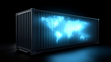 Futuristic digital shipping container with glowing electric blue world map holographic projection on dark background, global logistics technology innovation concept, supply chain d