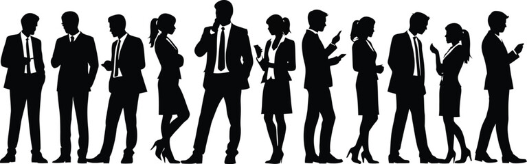 Vector illustration of a business group and family silhouettes featuring a man, a woman, and a row of men in black walking poses as a fashion outline figure
