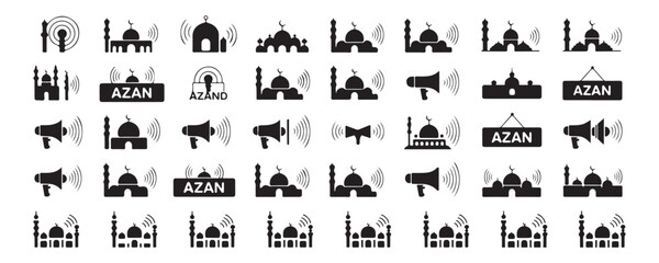 Naklejka premium Collection of mosque icons with loudspeaker for azan prayer call transmission vector set