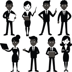 A professional set of business people icons featuring cartoon vector illustrations of businessmen and businesswomen in suits representing a successful office teamwork character collection