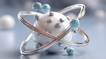 Stylized atomic structure features a white core with small metallic nodes and light blue crystalline electrons orbiting on silver rings.