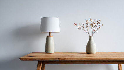 Minimalist Interior Decor - Lamp and Dried Flowers on Wooden Table.