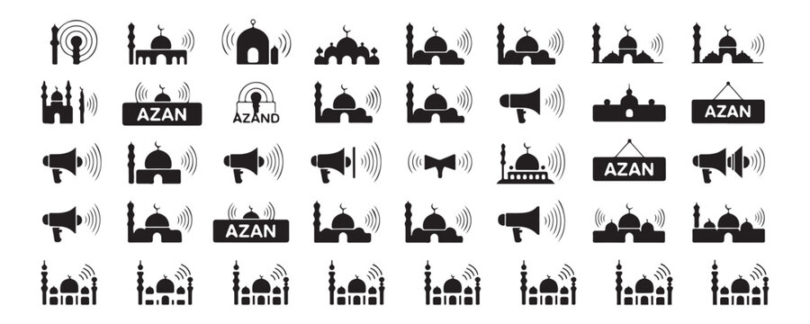 Collection of mosque icons with loudspeaker for azan prayer call transmission vector set