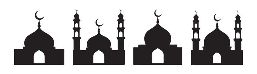 Simple set of four black silhouette mosque symbols with varying dome styles towering slender minarets and prominent crescent moons. © MSTGIRATUN