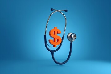 A stethoscope with a dollar sign in the center on a blue background