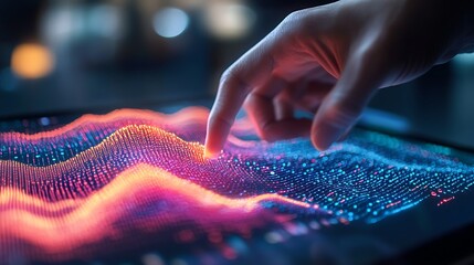 A hand interacting with a vibrant digital graph on a screen