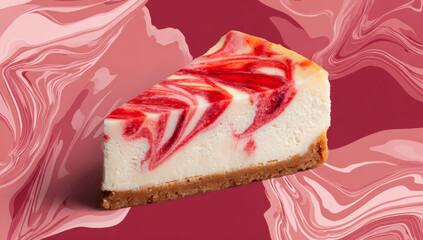 Delicious Slice of Strawberry Swirl Cheesecake on Pink Background.