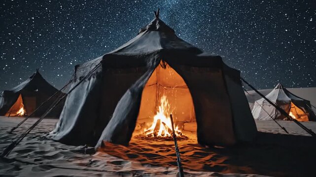 A silhouette figure stands near a fire in tent, under a star-filled sky in the desert
