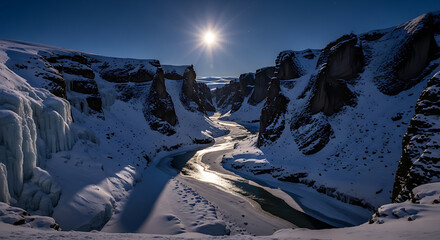 A serene snowy mountain landscape with a river flowing through it under a clear blue sky
