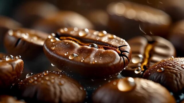 Macro shot of raw coffee beans with morning dew droplets forming and subtly evaporating, cinematic 4K.