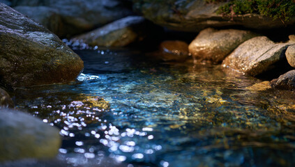 Tranquil Stream with Rocks and Reflections in a Natural Setting.