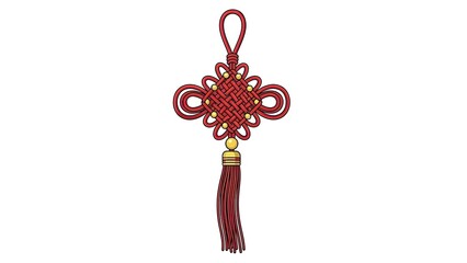 Traditional Chinese Red Knot Ornament Hanging with Golden Beads and Tassel