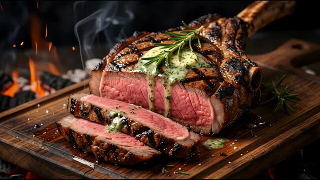 Grilled Tomahawk Steak on Wooden Board.