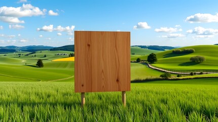 Blank brown wooden signboard mockup in green rural landscape