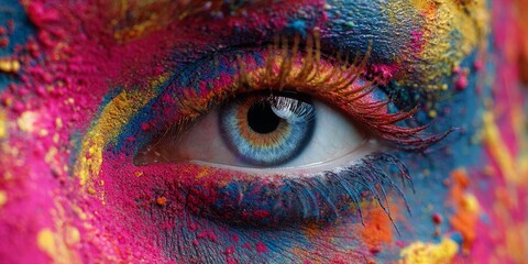 Close-up of Human Eye with Colorful Powder for Creative Vision Concept