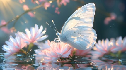 Biały makro motyl ,abstrakcje natury, różowe kwiaty
