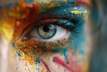 Macro Human Eye with Vibrant Color Pigment and Artistic Face Paint