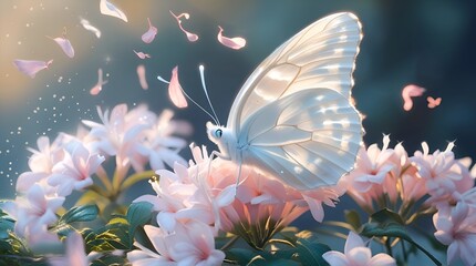 Biały makro motyl ,abstrakcje natury, różowe kwiaty
