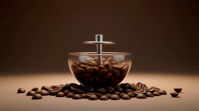 Coffee beans swirling in a glass bowl driven by a magnetic stirrer, clean modern laboratory aesthetic, cinematic 4K.