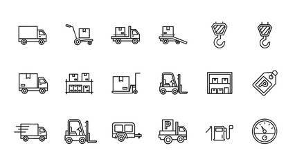 Logistics and Transportation Icons Set, Line Drawings of Trucks, Forklifts, and Industrial Equipment on Black Background