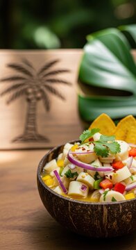 Fresh Costa Rican Ceviche de Palmito Heart of Palm in Coconut Bowl with Bright Forest Light and Negative Space