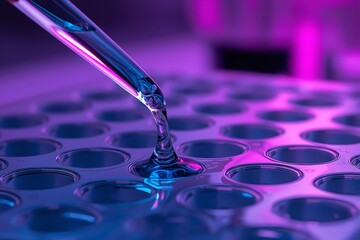 A pipette dropping liquid into a microplate in a laboratory setting with purple lighting